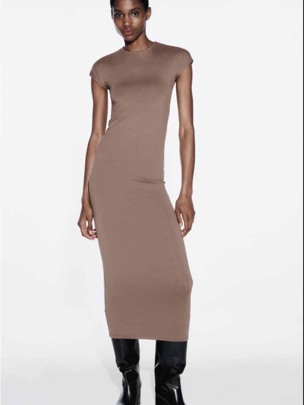Zara Taupe Bodycon Maxi Dress with Cap Sleeves
